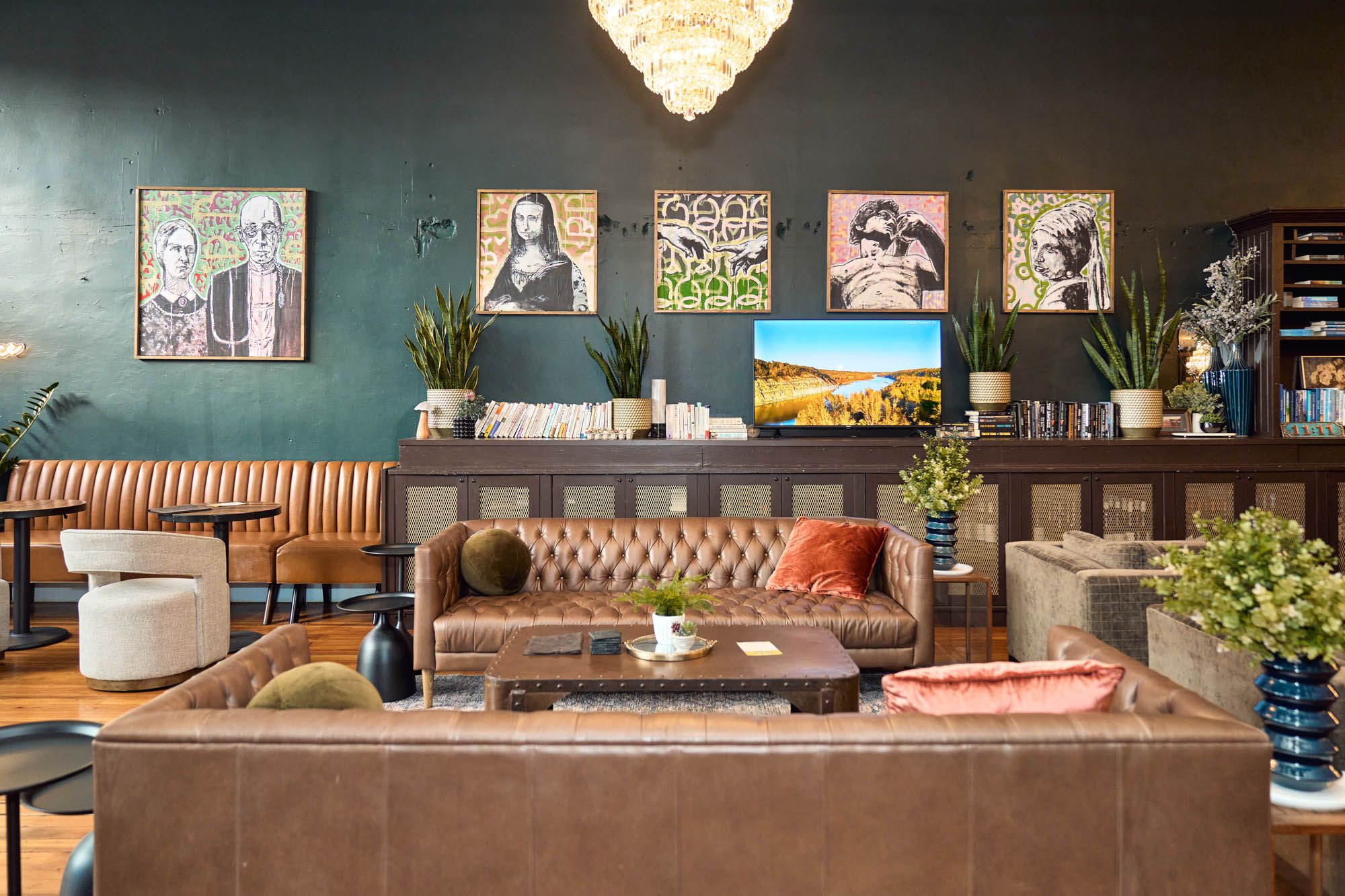 Interior seating area, wall decorations