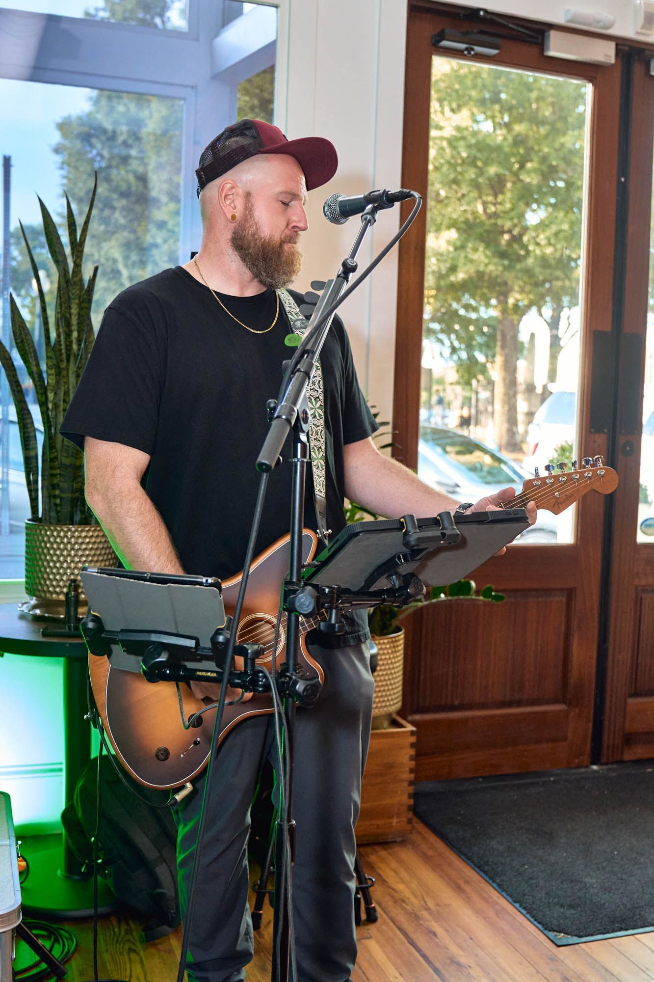 A musician playing the electric guitar.